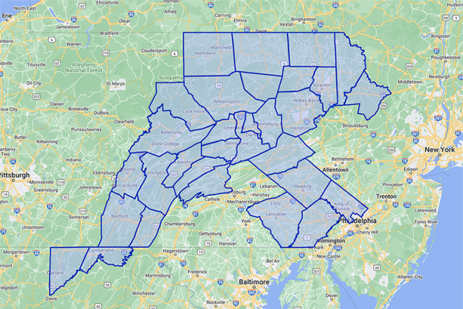 Map of Central Pennsylvania counties served